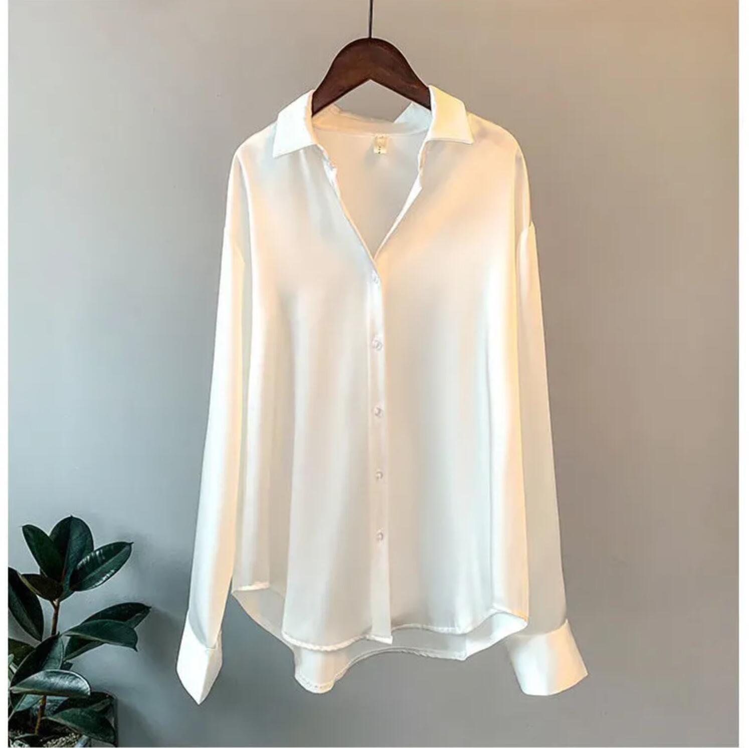 Fashion Stylish Button Up Satin Silk Shirt Vintage Blouse Women White Lady Long Sleeves Female Loose Street Shirts 210225