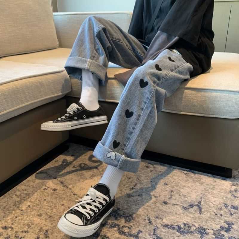 Love Embroidered Jeans Women Harajuku Street Summer Punk High Waist All-match Pant Trend Straight Wide Leg Loose Lovelly Trouser 210526