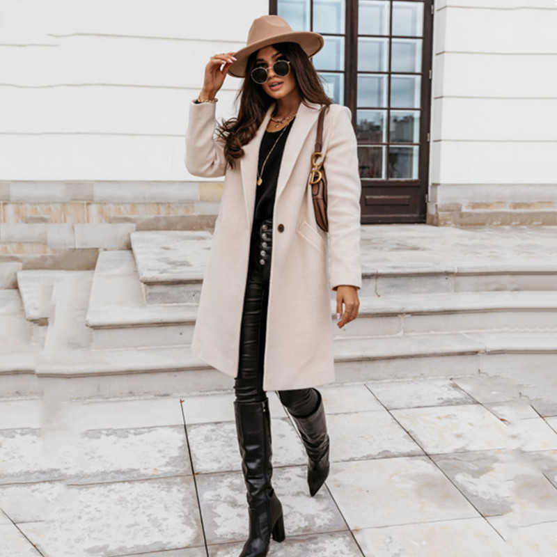 Autumn Winter Women Overcoat Casual Solid Lapel Slim Single Breasted Pocket Mid Length Coats Woman Trench Coat Plus Size Femmino 210526
