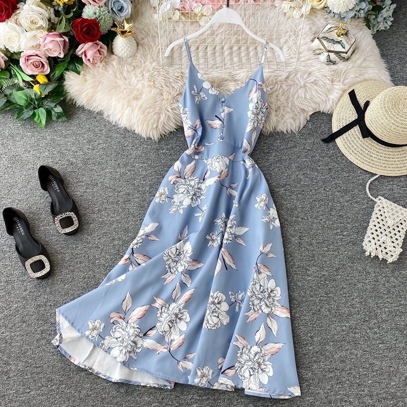 2021 Femmes Vintage Knee Summer Kleid Sexy V cou Balyon Beach es Mesdames Élégante impression florale longue robe Vestidos Mujer C4HJ
