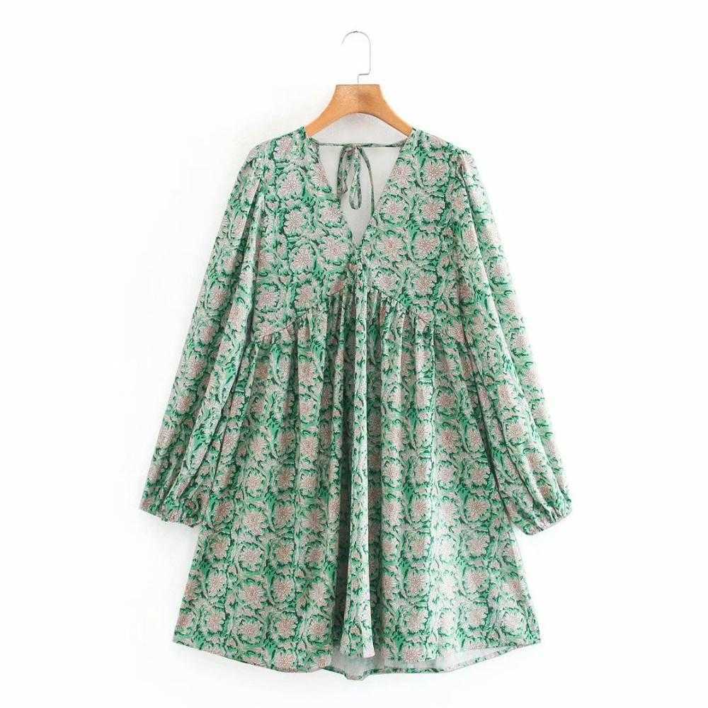 ZEVITY women vintage v neck tropical flower print mini dress female sexy backless elastic vestido chic casual dresses DS4502 210603