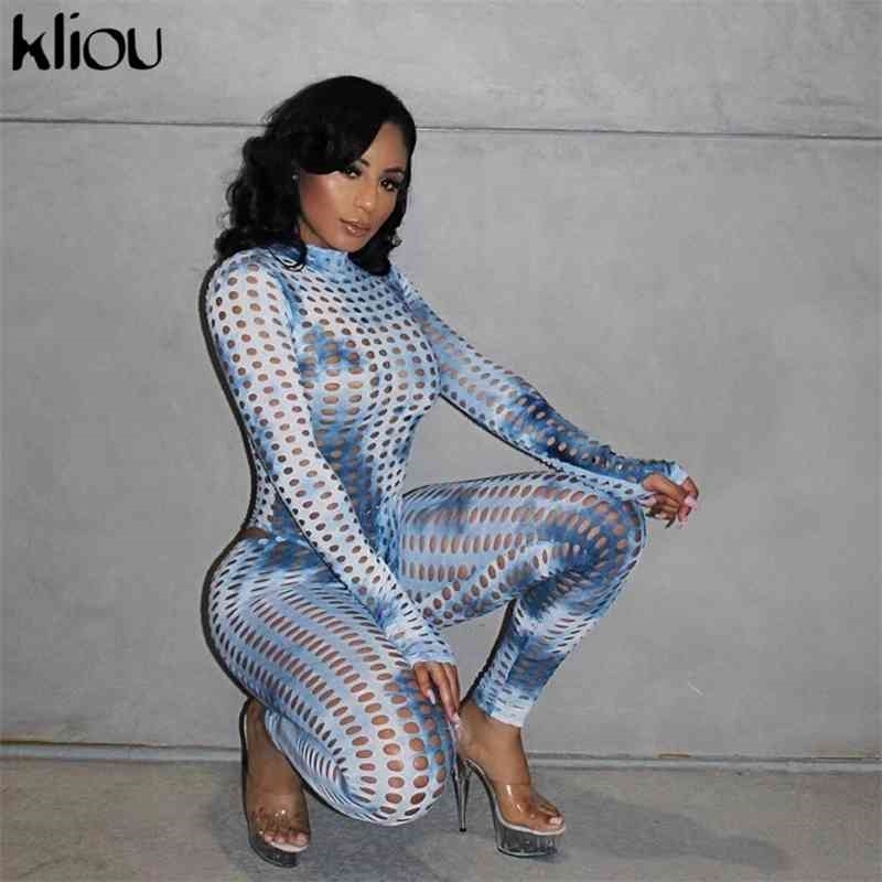 Kliou women skinny hollow out two piece set full sleeve o-neck sexy pants elastic hight streetwear summer outfit 210707