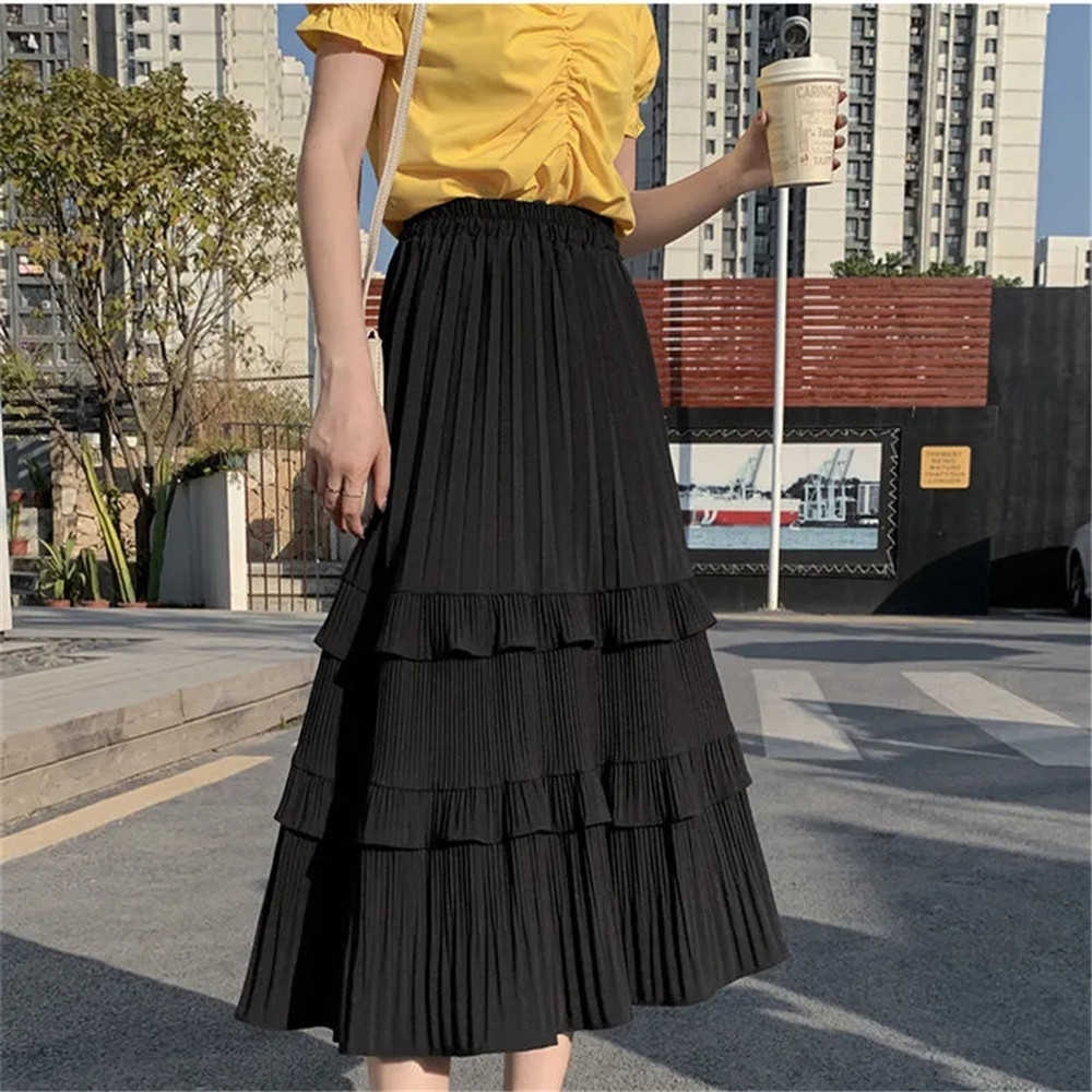 Women Pleated Skirt Black White Korean Style Long Summer Chiffon Layer Cake Sun Female Elegant 210619wtt