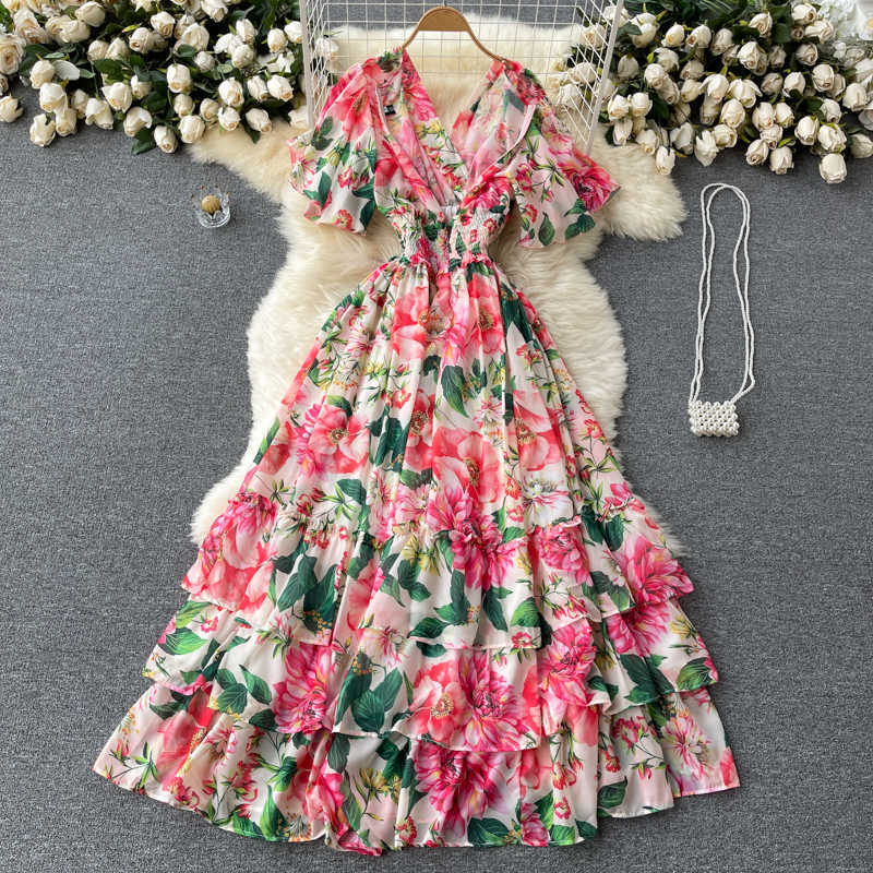 DEAT Women Printing Ruffles Midi-long Dress V-Neck Short Sleeve Arrivals Lady Temperament Fashion Spring Summer 11D607 210709