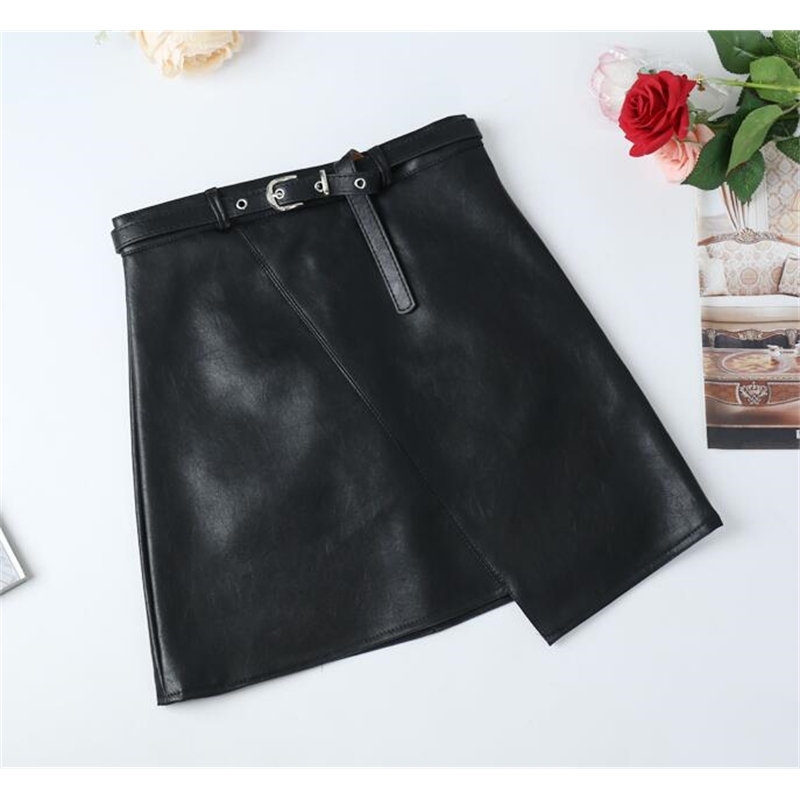 Winter Women PU Leather Irregular Skirt With Belt High Waist Slim Faux Leather Skirts Feminina Vestidos 210306