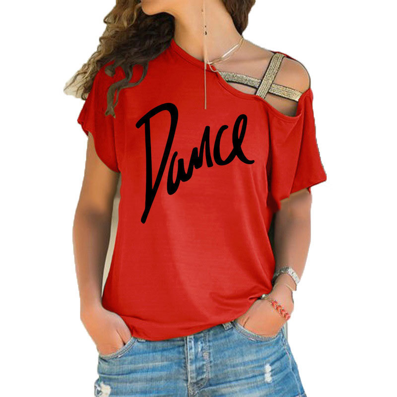 Women Tshirt Loose Slash Neck T Shirt Ladies Casual Letter Dance Tshirt Summer Casual Irregular Skew Cross Bandage Tops Tee T200614