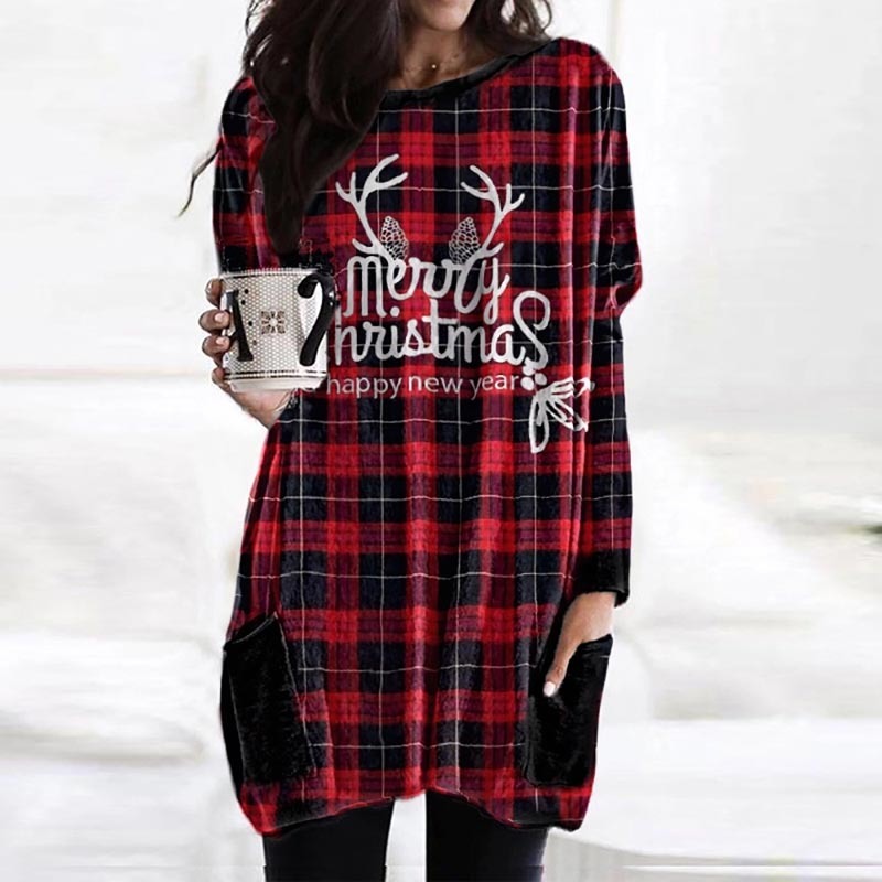 Christmas Mini dress Women Christmas Sweatshirt Warm Tops Long Sleeve Loose ONeck Jumper Top Winter Autumn Pullovers Plus Size 210303
