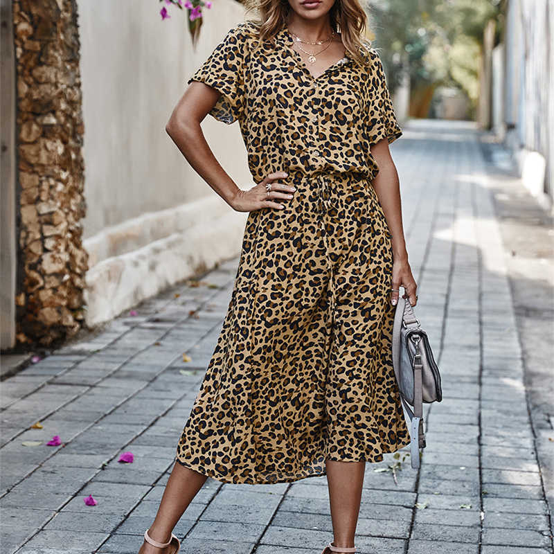 Ladies Bohemian Leopard Print Shirt Dres Casual Midi Holiday Summer Dress Female A-line Loose Women Beach Dress Vestidos 210721