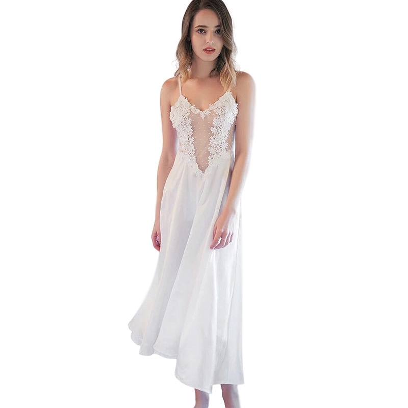 Ladies Long Gowns Black Lace Night Gowns Seethough Sexy Vneck Lingerie Porno Silk Sleepwear Pink Night Dress Night Wear Satin T200429