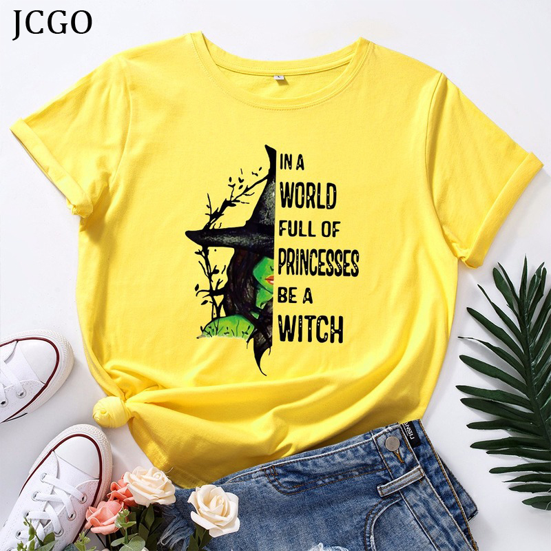 JCGO Fashion Summer T Shirt Women Plus Size 5XL Cotton Halloween Witch Print Female Short Sleeve Tshirts Casual Lady Tops Tee 210306
