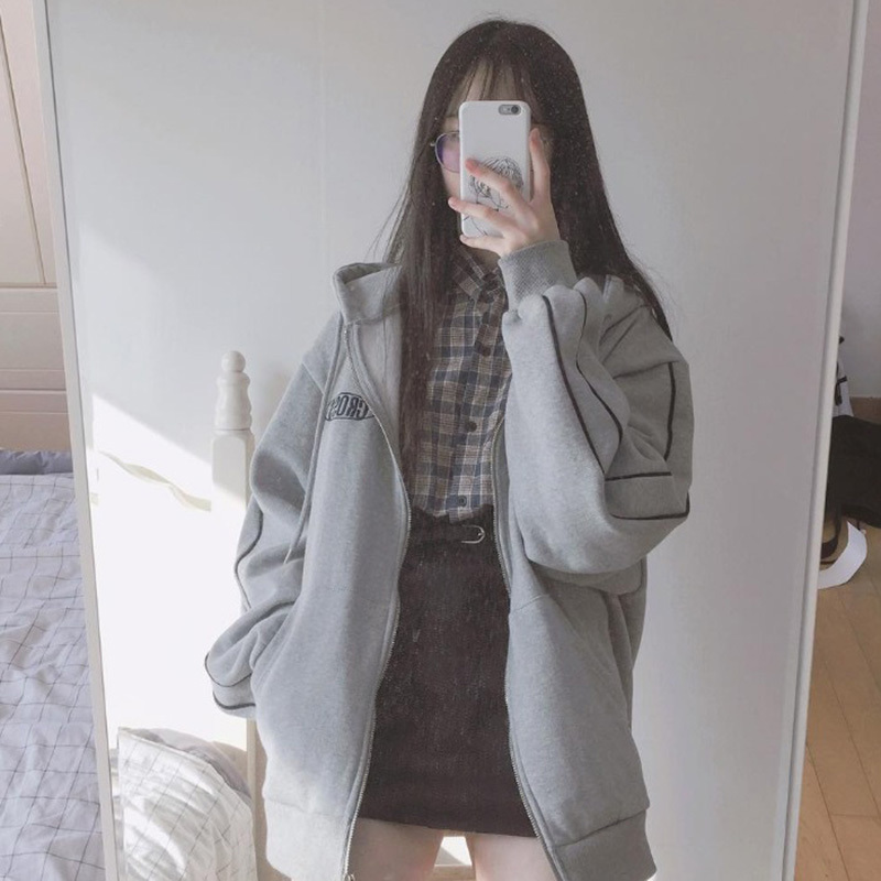 streetwear Harajuku Oversized sweatshirt women print Letter zip up Hoodies Student Plus Size Outwear Female Loose tops 201102