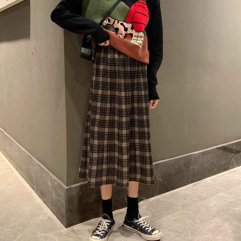 Pleated Midi Skirt Women Long Woolen Winter Loose Pleated Plaid Skirts For Women Warm Womens Clothes Fall 210306