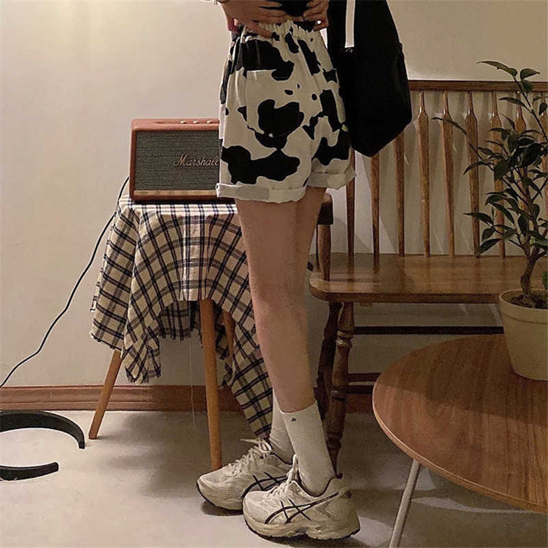 Harajuku Korean Style Streetwear Cow Print Sport Shorts Joggers Women Sweatpants Straight Elastic High Waist Wide Leg Shorts 210611