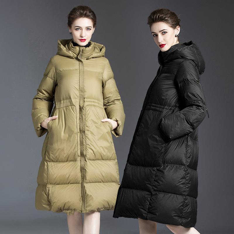 Women's Down & Parkas Winter 2021 Slim Jacket Green Long Coat Duck Black Thickened Hooded Female Warm Loose Outwear
