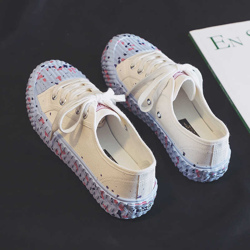 White Shoes Women's 2021 New Popular Autumn Korean-style Splash-ink Canvas Girls All-match Skateboard Biscuits Y0907