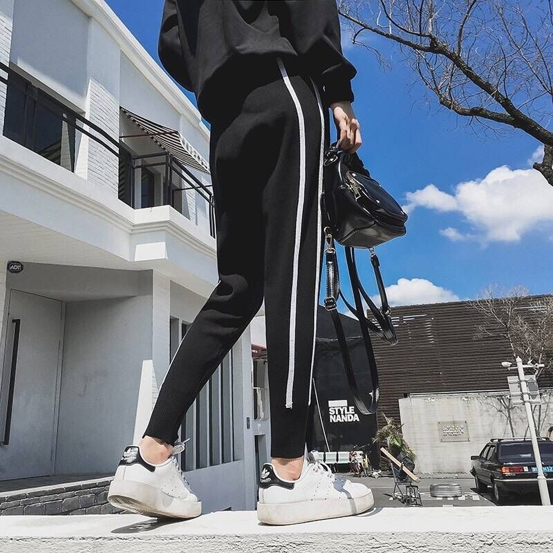 Top Fashion Knitting women's Side Striped Harem Pants loose casual elastic waist trousers plus size women pants T200223