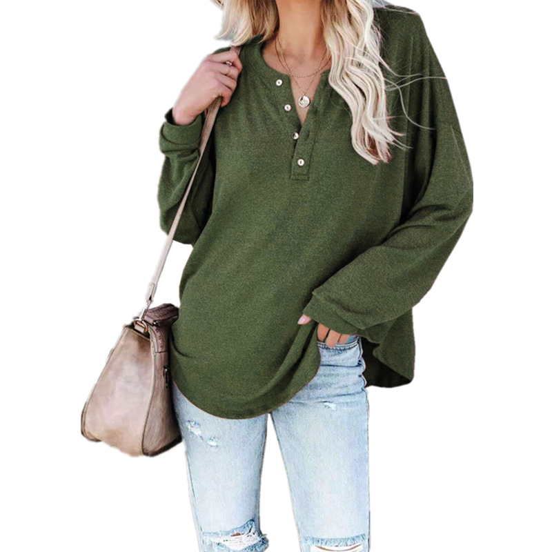 T-Shirt 2021 European and American spring solid color long-sleeved round neck pullover button top