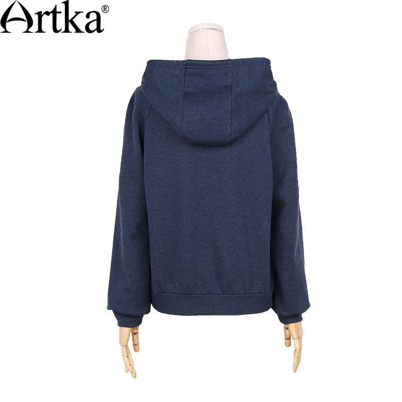 ARTKA Women's Autumn New Solid Color Ethnic Embroidery Hoodie Vintage Hooded Long Sleeve All-match Comfy Hoodie VA10071C 201028