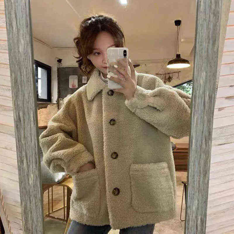 Lucyever Autumn Winter Lamb Wool Coat Women Korean Turndown Collar Teddy Overcoat Female Harajuku Warm Faux Fur Jackets Outwear 211123
