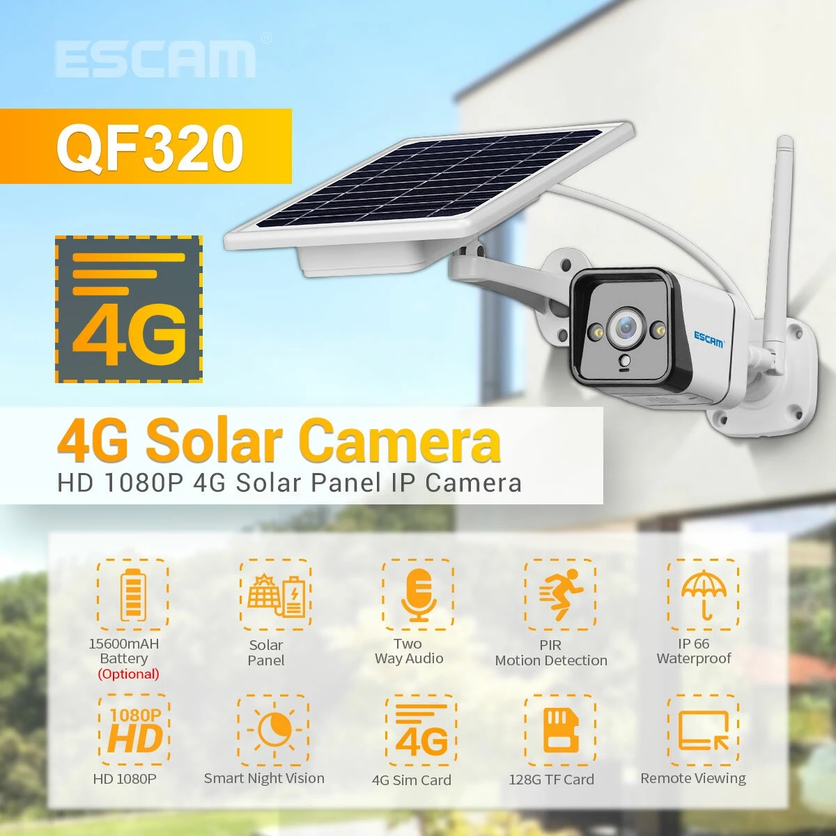 ESCAM QF320 1080P 4G Battery PIR Alarm IP Camera With Solar Panel Full Color Night Vision Two Way Audio IP66
