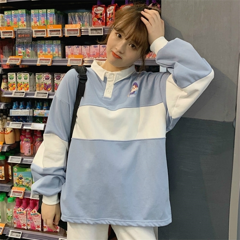 Autumn Winter Women's Sweatshirts Polo Korean Casual Cartoon Print Preppy Style Patchwork Loose Oversized Women Sweatshirt 201209