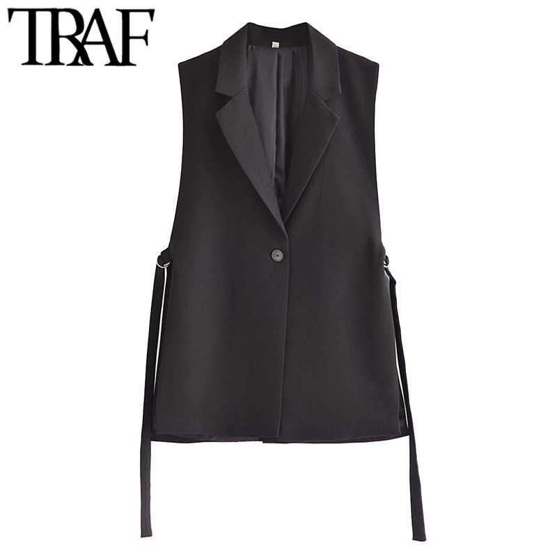 TRAF Women Fashion With Tabs Single Button Office Wear Waistcoat Vintage Sleeveless Side Vents Female Vest Coat Chic Veste 210819