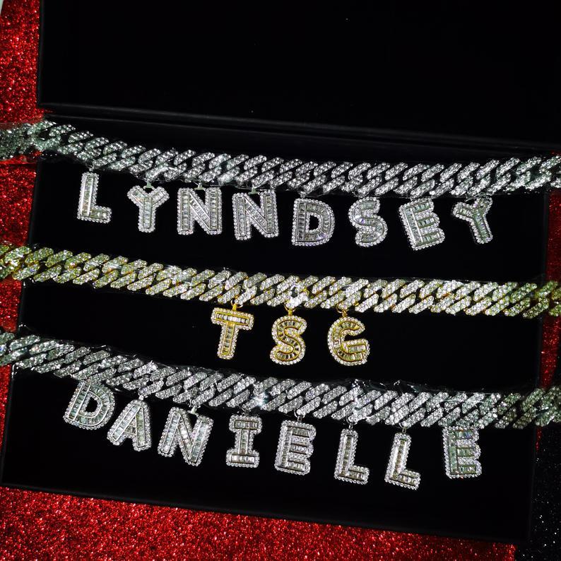 Men women Hip hop iced out Custom Name cz cuban link chain Pink Diamond Letter Necklac personalized initial necklace