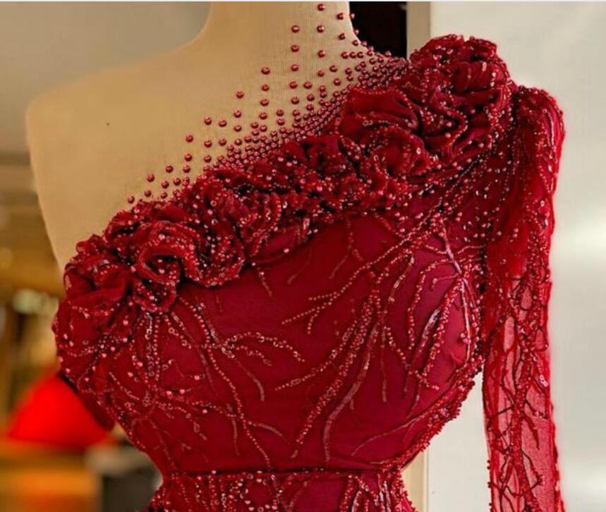 aso ebi arabic burgundy luxurious sexy evening dresses beaded crystals prom dresses high neck formal party second reception gowns zj66