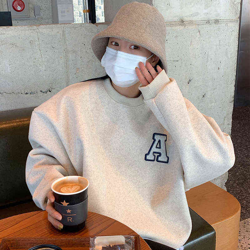 Nomikuma Causal Letter Fleece Thicken Pullover Sweatshirt Korean Autumn Winter Women Hoodies Long Sleeve Top Jumpers 6D611 211109