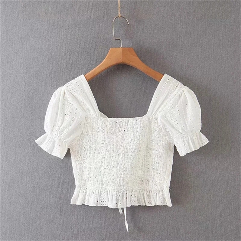 Summer New Fashion Women Blouses French Retro Lace Tops Drawstring Short Exposed Off Shoulder Top White Blouse T200608