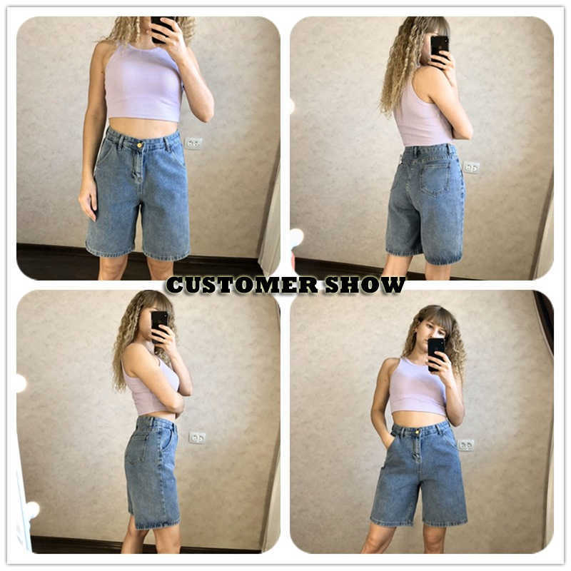 Fitaylor Summer Women High Waist Blue Wide Leg Denim Shorts Casual Female Solid Streetwear Stright Jeans Bermuda 210724