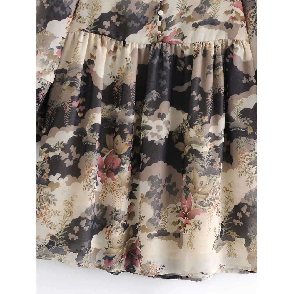 Women Dress Printed V-neck Long Puff Sleeves Lined Vintage Casual Short Dress Woman Dresses 210709