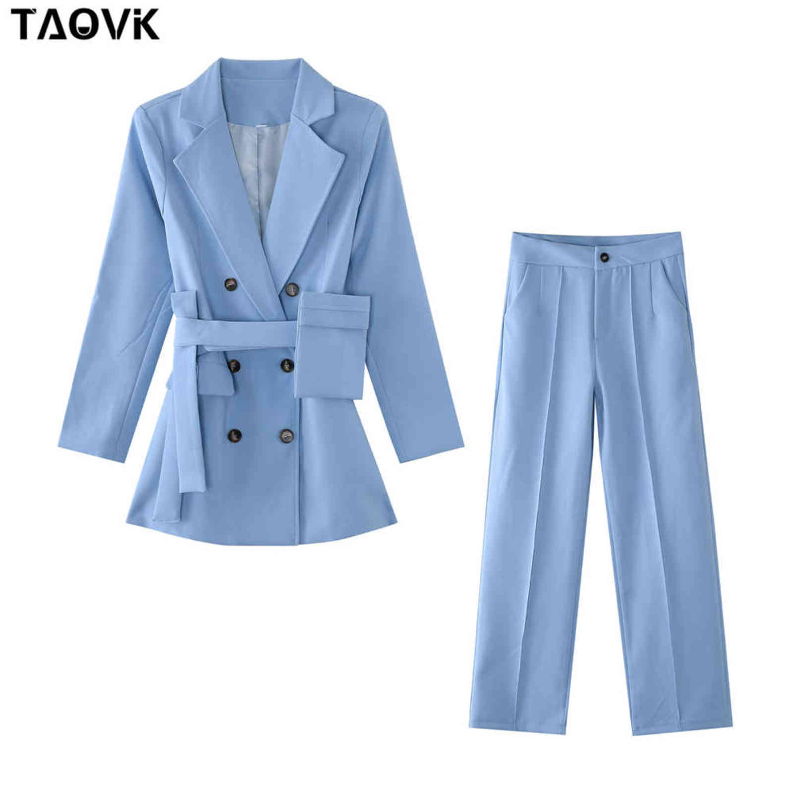 TAOVK Women office Pant Suit Double breasted Full Sleeve Blazers Jacket+Wide leg Pant Two Pieces Set Lady Outfits Work Clothes 211118
