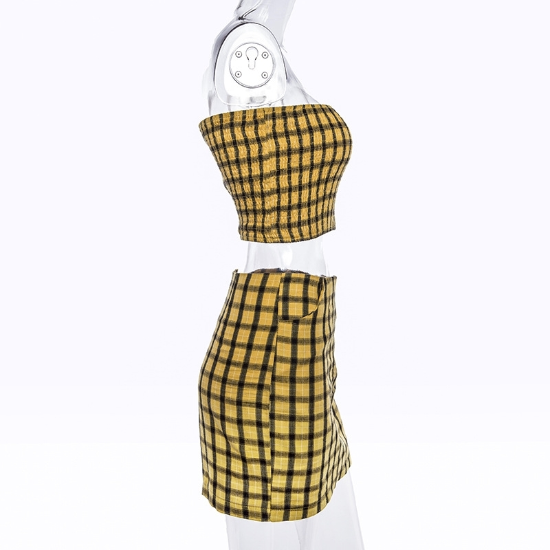 Sexy Plaid summer pencil skirts womens High Waist Two Piece Set Outfits Harajuku Party Beach Mini Skirt and Crop Top Coord Sets