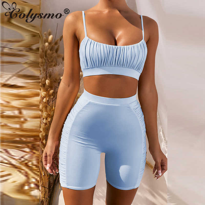 Colysmo Ruched Crop Top And Biker Shorts Two Piece Set Women Tracksuit Summer Solid Color Bodycon 2 Loungewear 210527