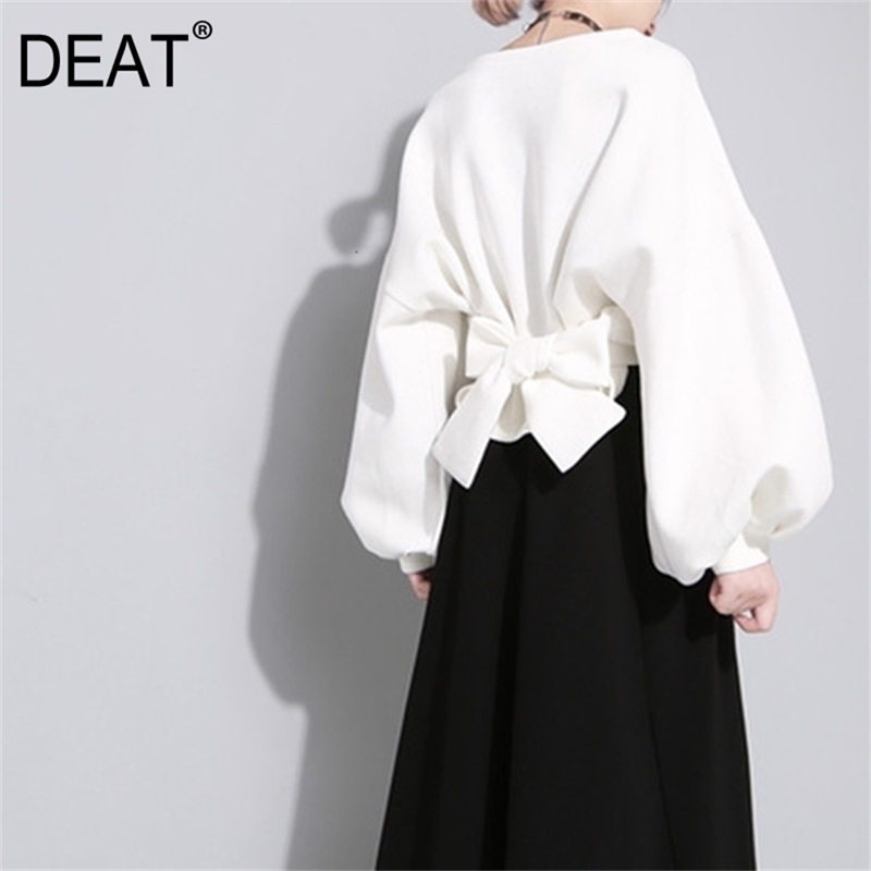 [DEAT] New Autumn Winter Round Neck Long Sleeve Solid Color Black Back Bandage Bow Loose Sweatshirt Women Fashion LJ201130