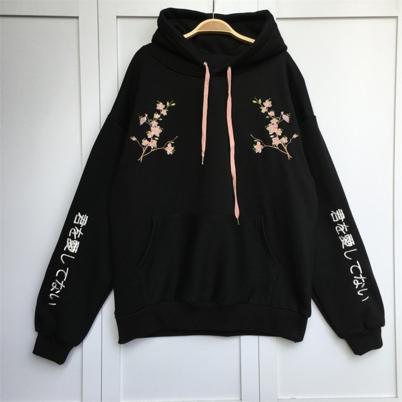 Korean Preppy Style Women Hoodies Flower Embroidery Pullovers Casual Loose Thick Hoody Warm Coat Sweatshirt 64087 201208