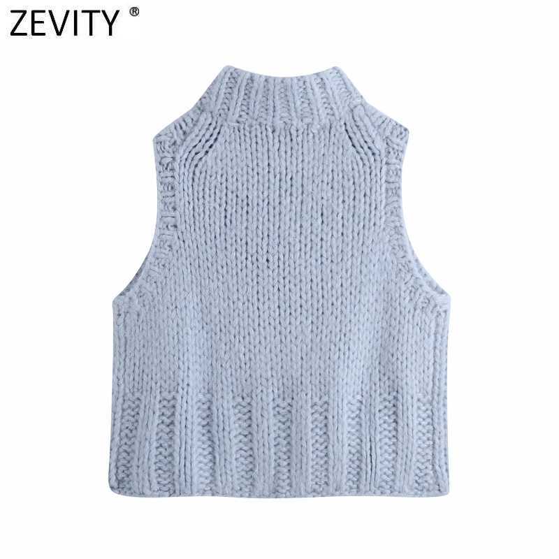 Zevity Women Fashion Solid Color Sleeveless Casual Knitting Vest Sweater Lady Chic Turtleneck Waistcoat Pullovers Tops S500 210603