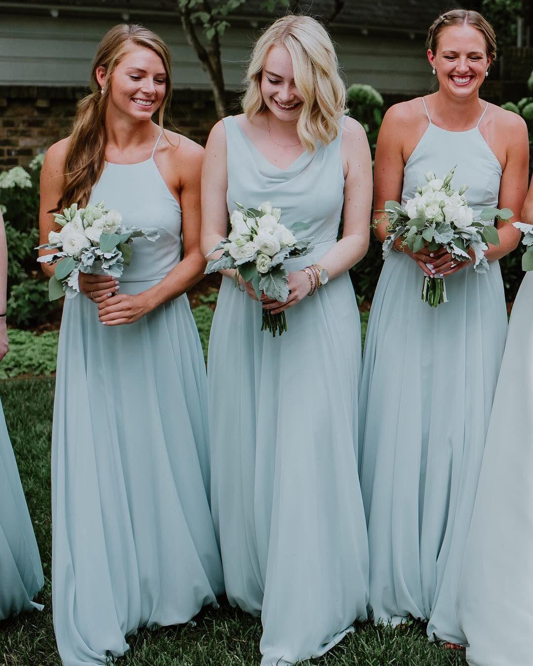 2021 Custom Made Simple Chiffon Bridesmaid Dresses Floor Length Spaghetti Straps Halter Beach Maid of Honor Gown Plus Size