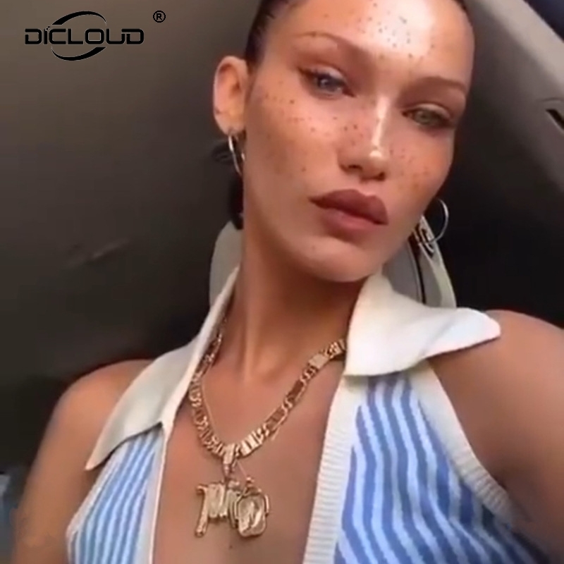 90s Chic Bella Hadid Knit Halter Crop Top Women Vintage Blue Striped Summer Beach Tank Tops Street Fashion Girls Sexy Tee Shirts 210308