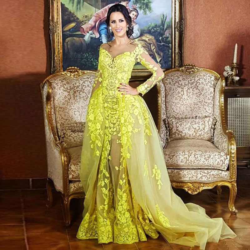 Detachable Train Mermaid Lace Evening Dresses 2021 Sexy See Through Long Sleeves Arabic Dubai Prom Party Formal Gowns Special Occasion Dress