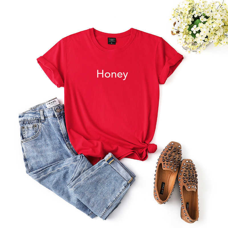 Casual 100% Cotton Women T-Shirt O-Neck Short Sleeve Honey Letter Print Fashion Summer Female Tees W730 210526