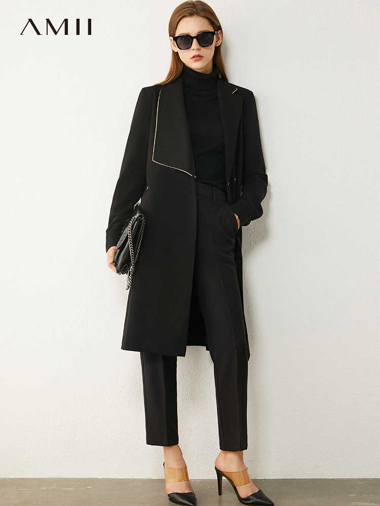 Minimalism Spring Autumn Women's Suit Coat Fashion Offical Lady Lapel Belt Knee-length Black Blazer Women 12070479 210527