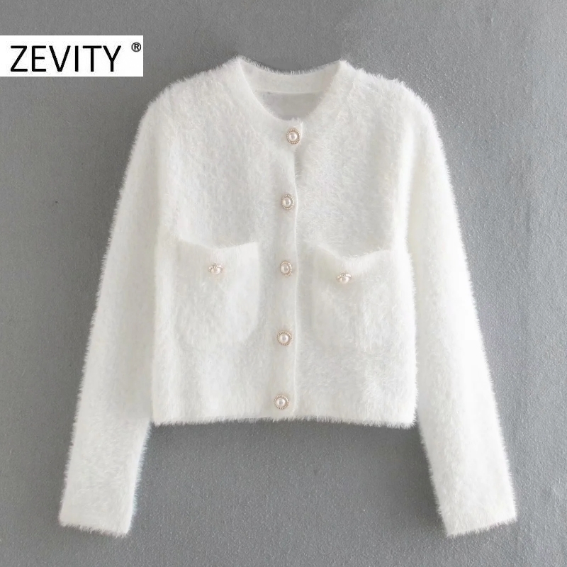 Zevity Women Fashion Candy Colors Pockets Patch Cardigan Knitting Sweater Female Chic Long Sleeve Pearl Breasted Slim Tops S460 210218