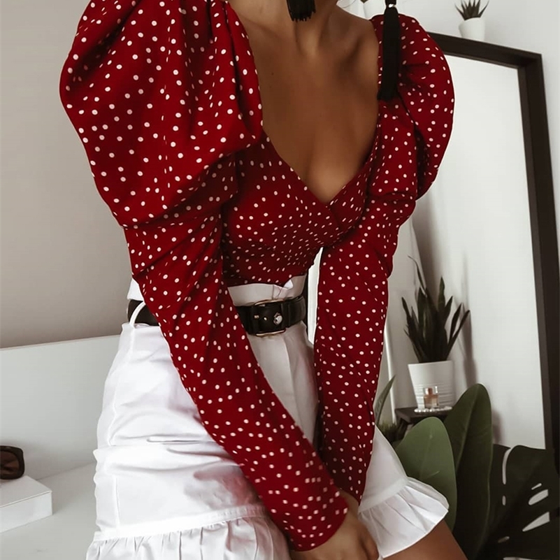 V-Neck Vintage Red Polka Dot Blouse Print Shirt Office Lady Wrap Top Elegant Blouse Women Puff Long Sleeve Sexy Crop Top Lace-Up 210225