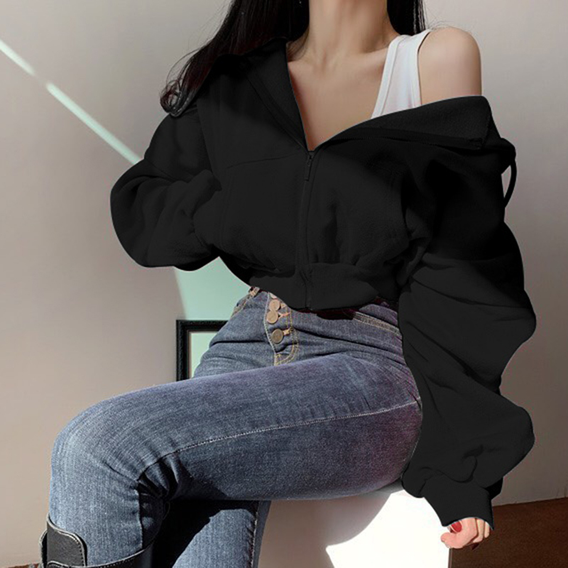 Rockmore Zipper Up Hoodies Women Aesthetic Pockets Solid Sweatshirts Long Sleeve Crop Top Baggy Hooded Hoodie Sweat Shirts Loose 201204