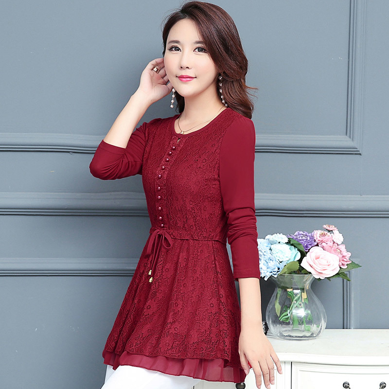 Plus Size New Spring Women Shirts Lace Chiffon Slim In Long Blouse Shirt Wine Red Black Caramel Color 8833 210225