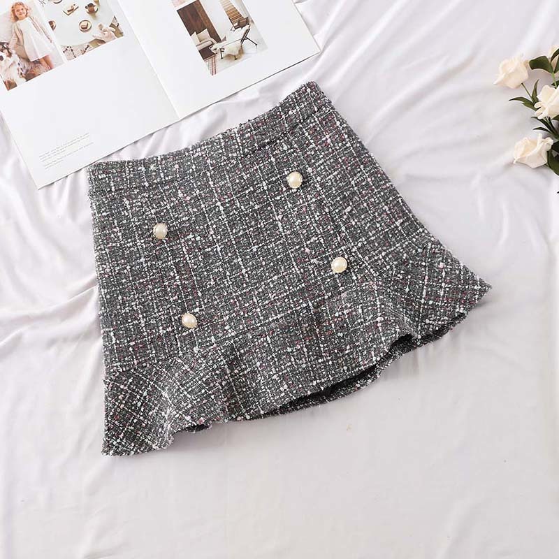 Autumn Korean Skirt Women Hight Waist Solid Mini Skirt Elegant Ladies Button Lotus Leaf Woollen Wrap Skirts Femininas 210306