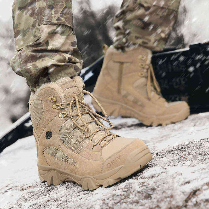 Winter Warm Fur Tactical Military Combat Boots Men Genuine Leather US Army Hunting Trekking Camping Mountaineering Work Shoes 220105