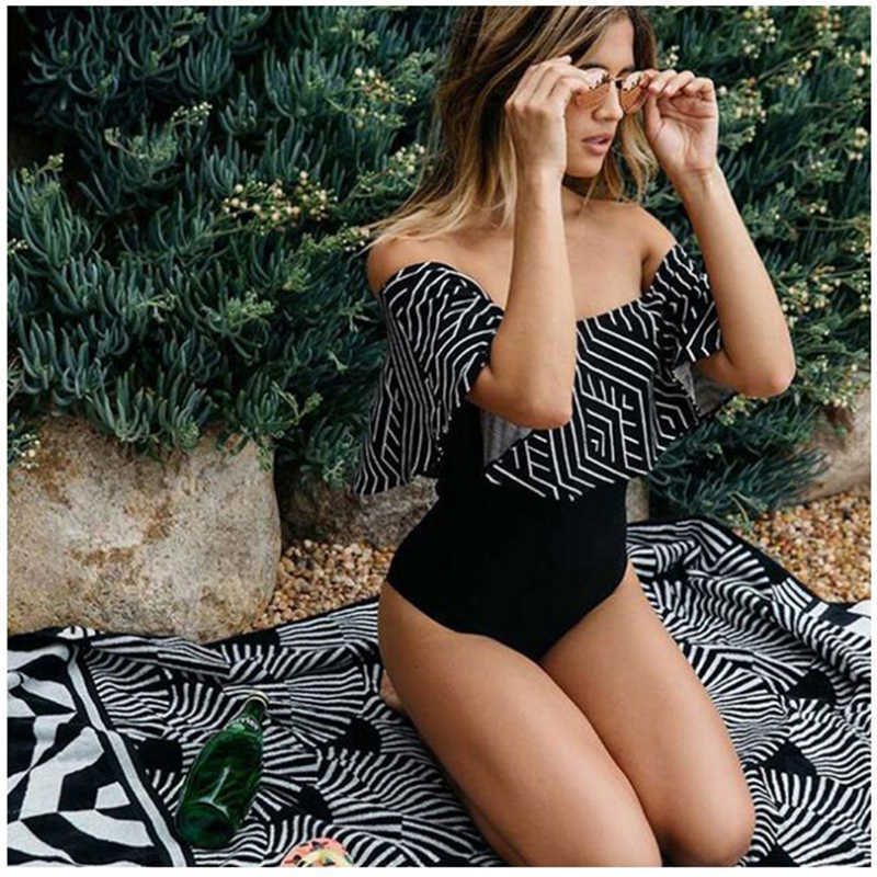 Sexy Off Shoulder Solid Swimwear Women Swimsuit Female Bathing Suit Body Ruffle Swim Wear biquini 210625